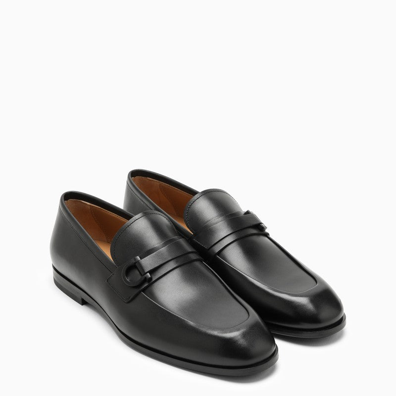 Ferragamo Black Leather Gancini Ornament Moccasin Men