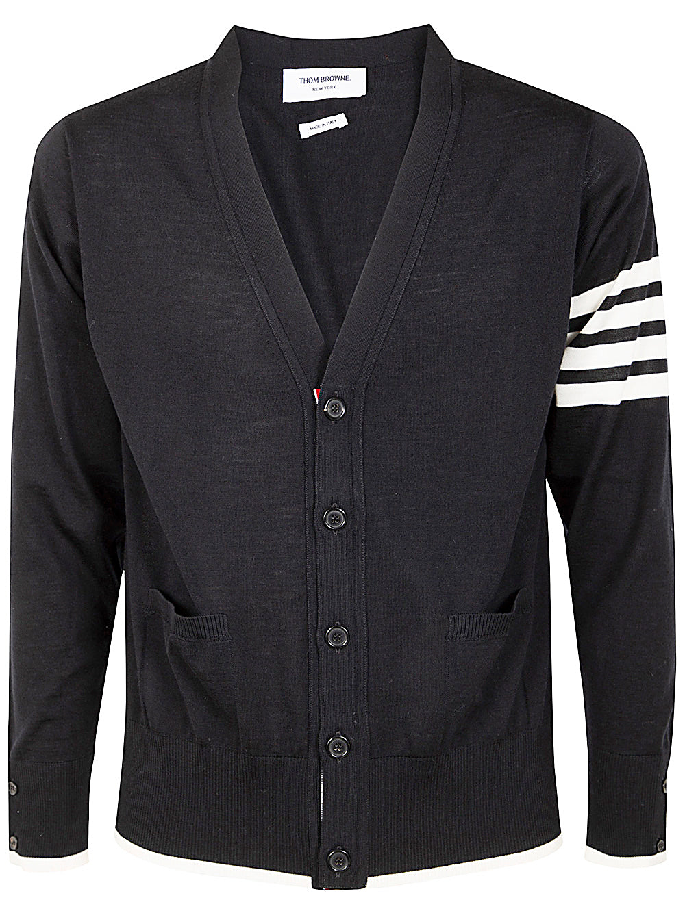 Thom Browne Men Jersey Stitch Relaxed Fit V Neck Cardigan In Fine Merino Wool With 4 Bar Stripes