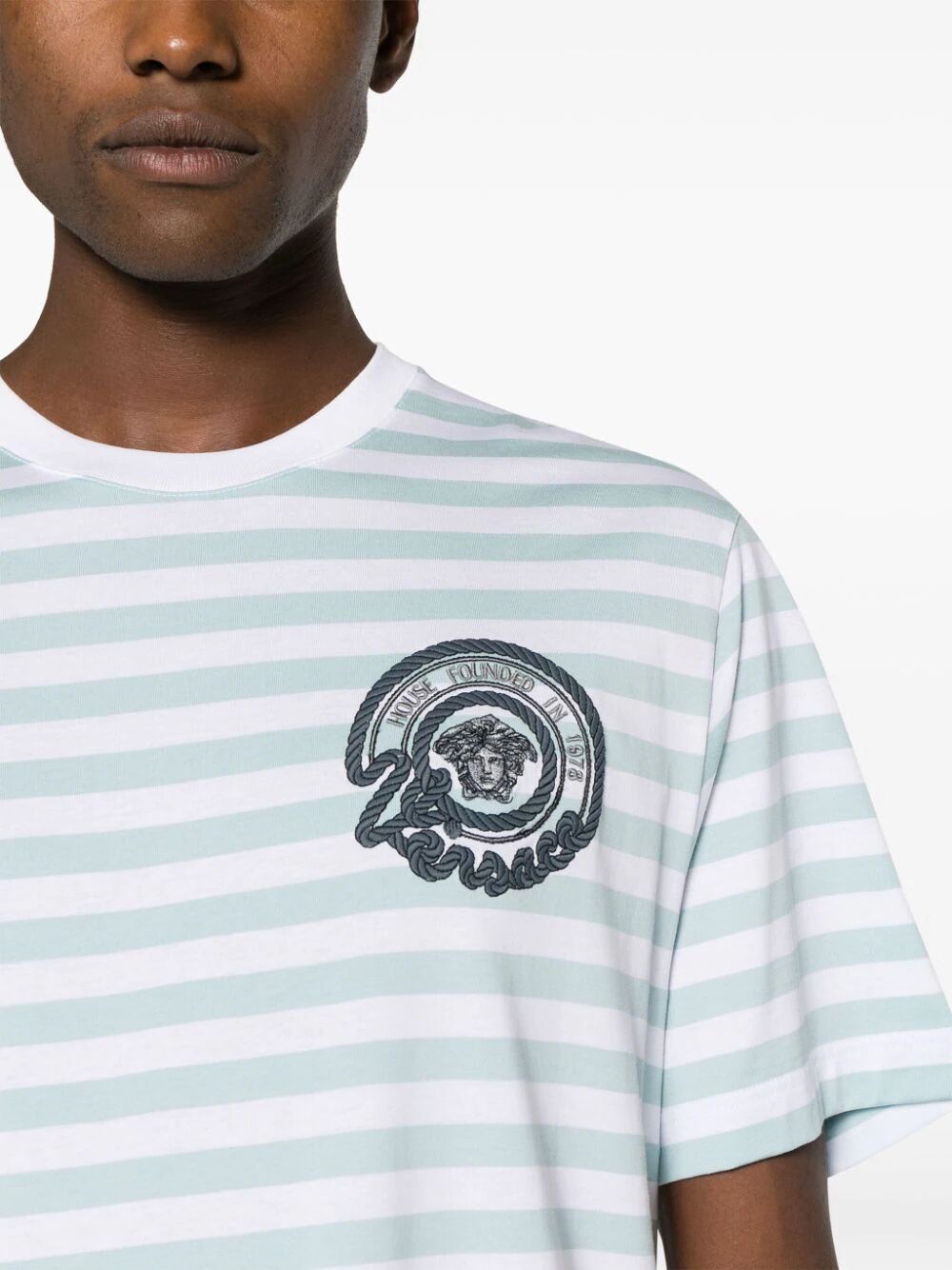 Versace Men T-Shirt Striped Jersey Fabric .5 Embroidered Versace Nautical Emblem