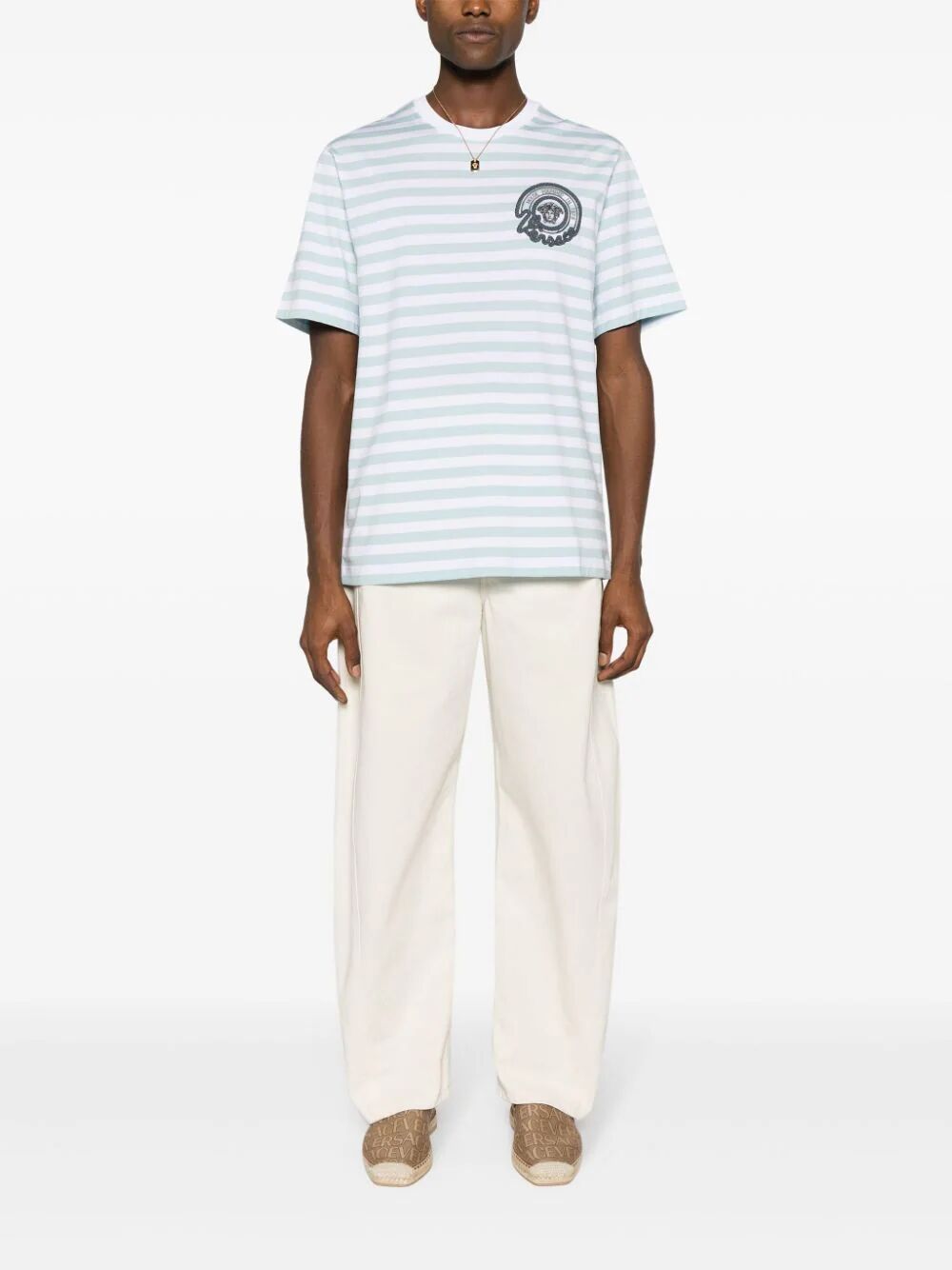 Versace Men T-Shirt Striped Jersey Fabric .5 Embroidered Versace Nautical Emblem