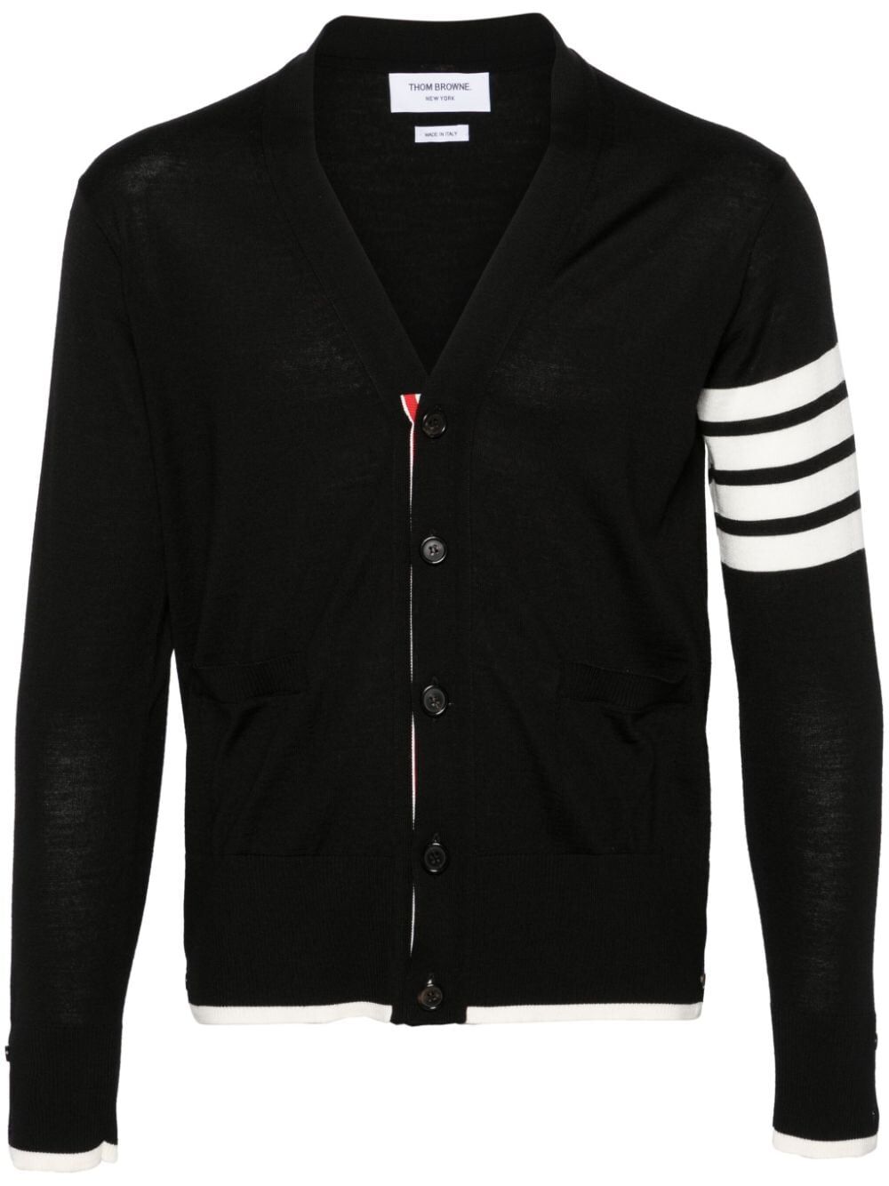 Thom Browne Men Jersey Stitch Relaxed Fit V Neck Cardigan In Fine Merino Wool With 4 Bar Stripes