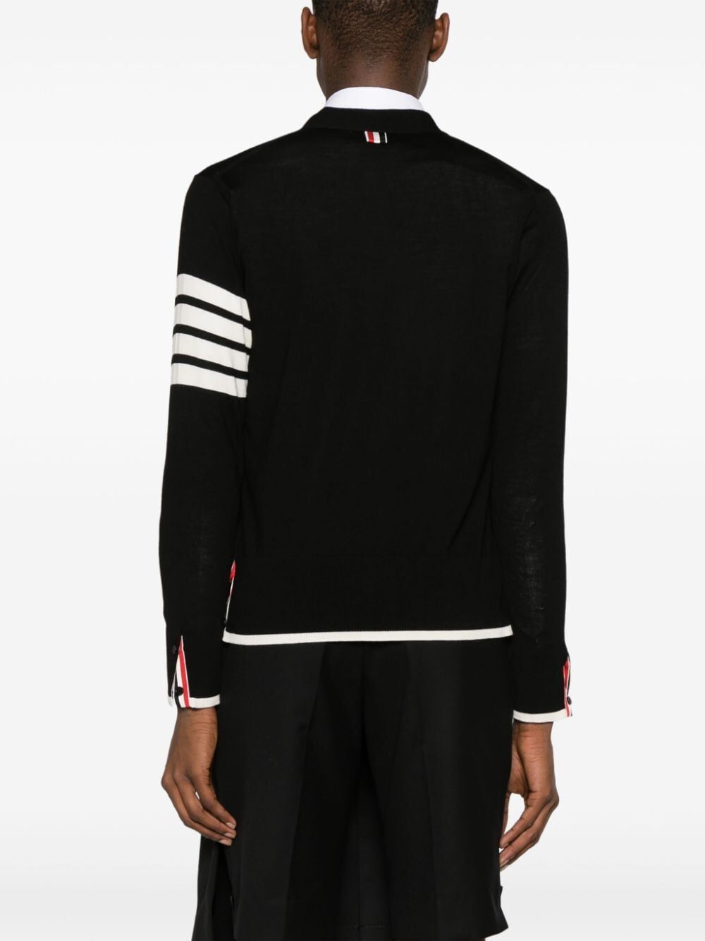 Thom Browne Men Jersey Stitch Relaxed Fit V Neck Cardigan In Fine Merino Wool With 4 Bar Stripes