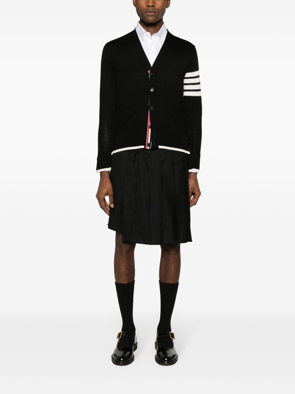 Thom Browne Men Jersey Stitch Relaxed Fit V Neck Cardigan In Fine Merino Wool With 4 Bar Stripes