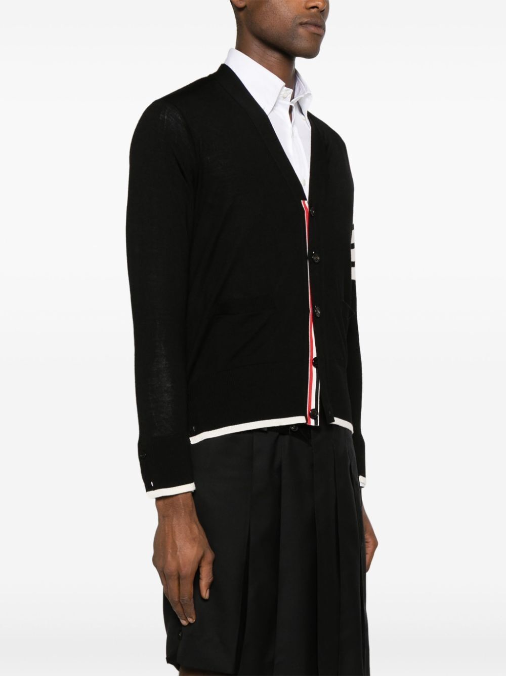 Thom Browne Men Jersey Stitch Relaxed Fit V Neck Cardigan In Fine Merino Wool With 4 Bar Stripes