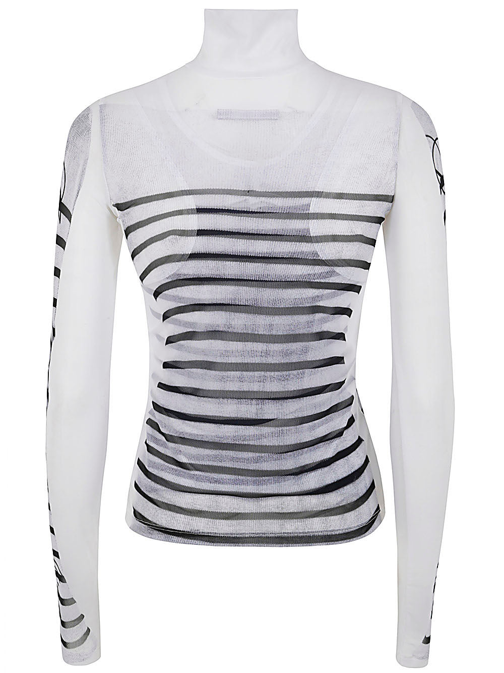 Jean Paul Gaultier Women Spandex And Mesh Longsleeve Top Printed "Feathers Mariniere"