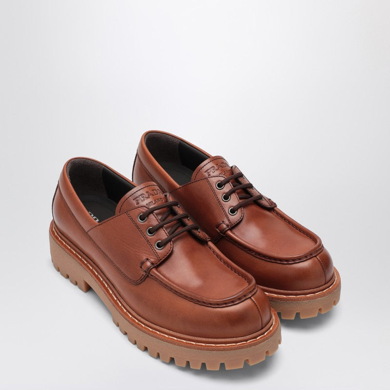 Prada Laced Moccasins In Cognac Leather Men