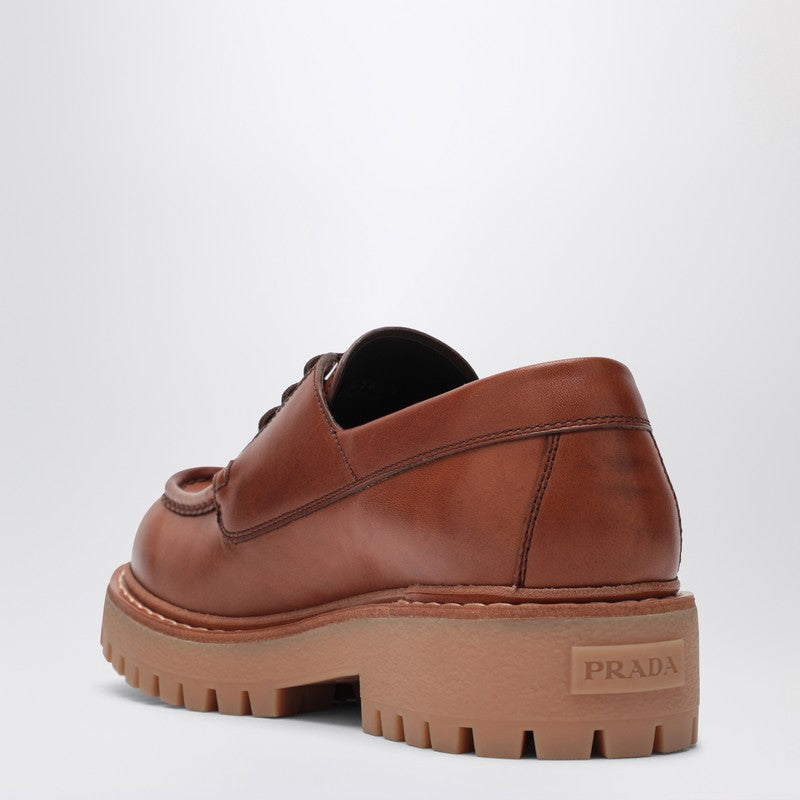 Prada Laced Moccasins In Cognac Leather Men