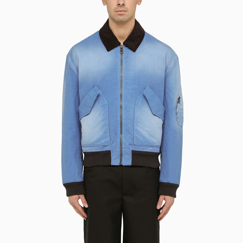 Loewe Blue Washed Effect Zipped Cotton Bomber Jacket Men