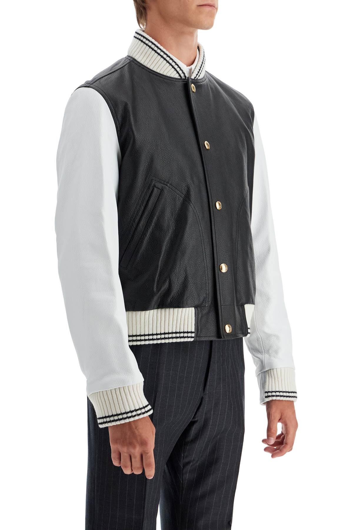 Thom Browne Leather Varsity Bomber Jacket Men