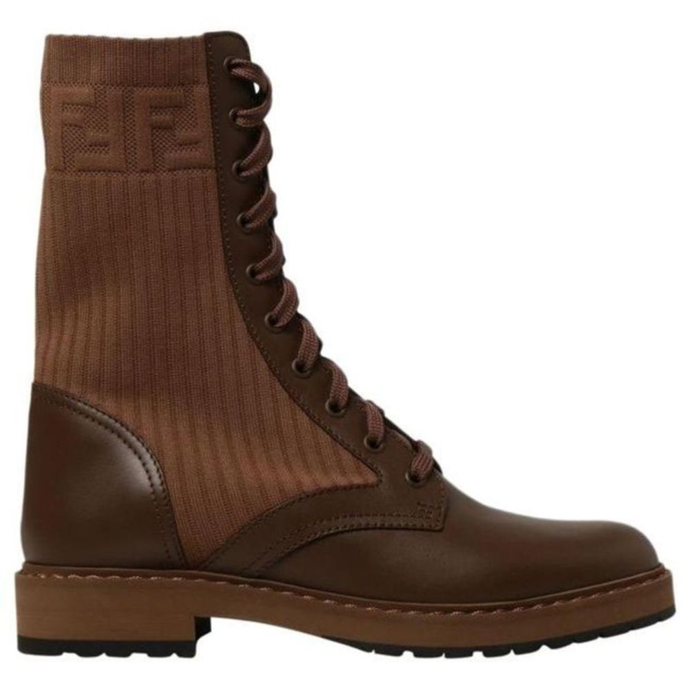 Fendi Women Camel Rockoko Leather Combat Boots/Booties